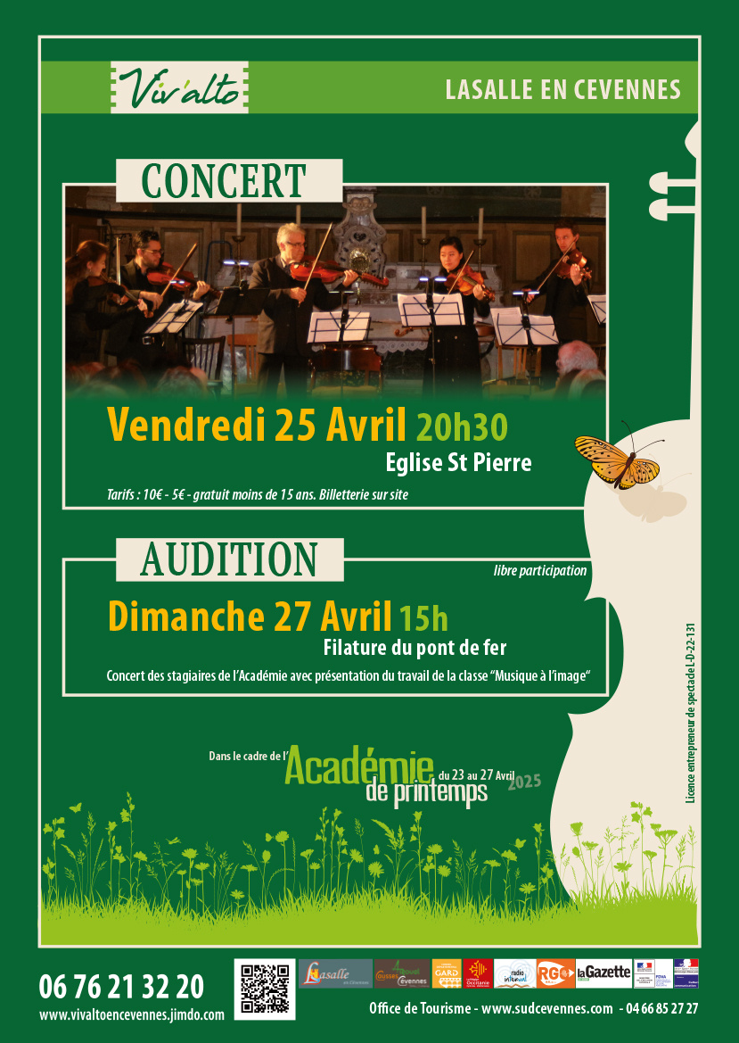 Lasalle en Cévennes, Eglise St-Pierre :  concert de la 8e Académie de Printemps. 25/04/2025