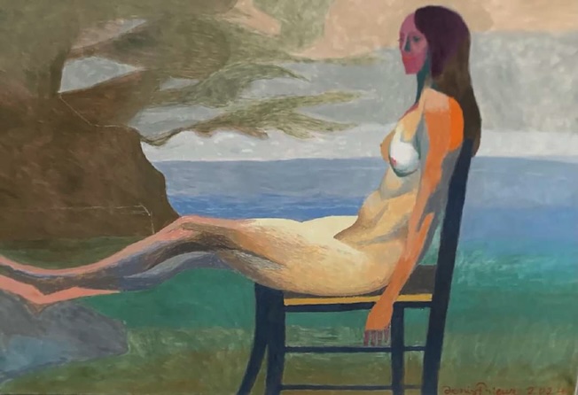 Denis Prieur, « Nu assis - Jambes allongées » 2025, 130X89cm, tempéra-encaustique & huile