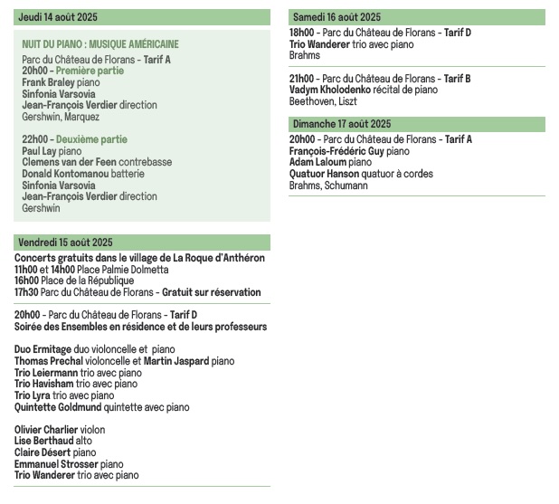  Festival la Roque d’Anthéron – du 19 Juillet au 17 août 2025