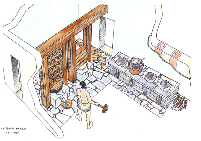 Reconstitution de la parfumerie du quartier du stade, 100 av. J.C., Délos © dessin, Nicolas Bresch