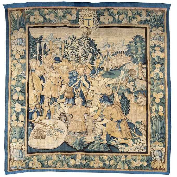 Joseph est descendu dans le puits par ses frères Tenture de l’Histoire de Joseph (pièce 1), tapisserie d’Aubusson, 1623 Laine, soie (Blason) Musée de Saint-Antoine-l’Abbaye / Dépôt de la Commune de Saint-Antoine-l’Abbaye