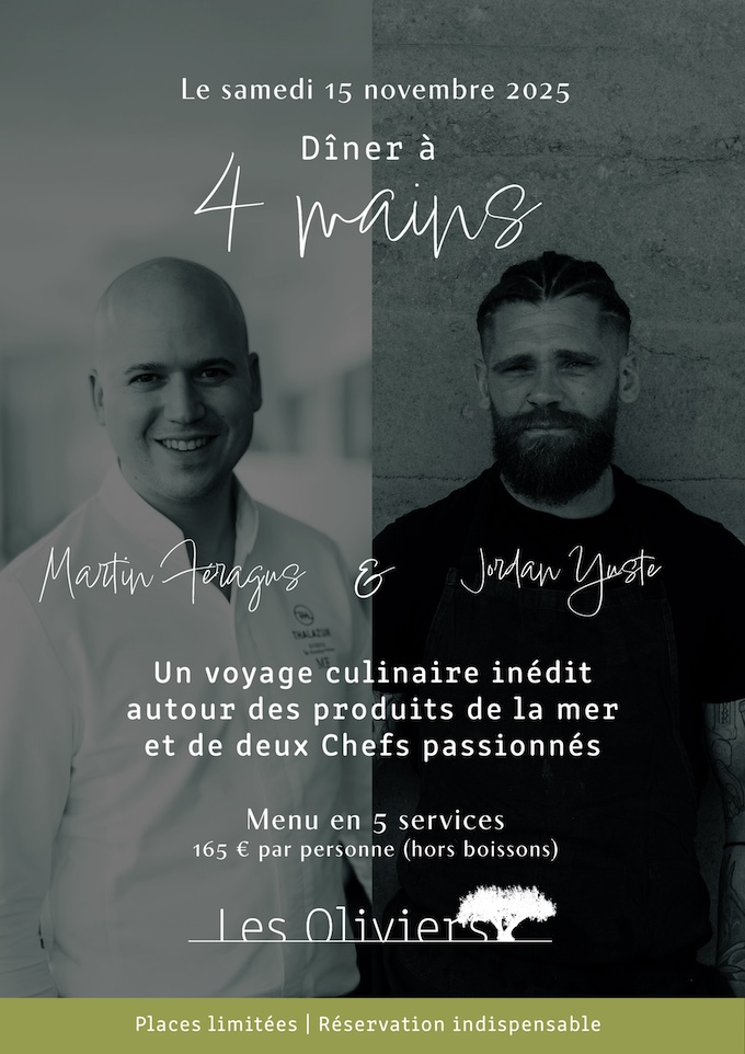 Bandol, Restaurant Les Oliviers : Dîner à 4 mains pour un voyage en 5 escales gastronomiques. Samedi 15 novembre 2025