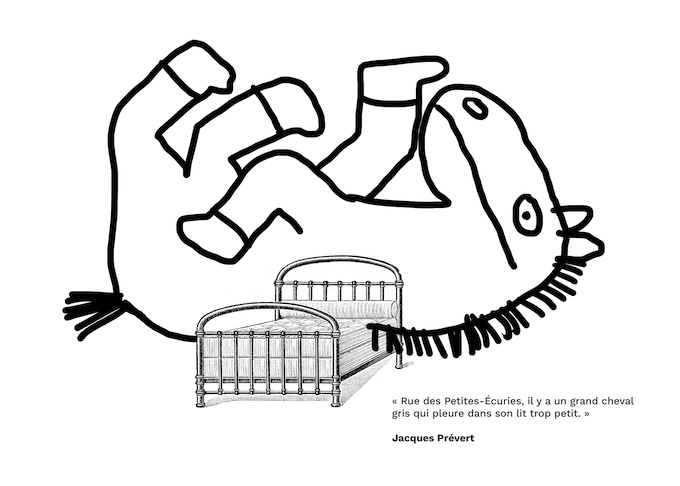 « Rue des Petites-Écuries, il y a un grand cheval gris qui pleure dans son lit trop petit. »  Jacques Prévert
