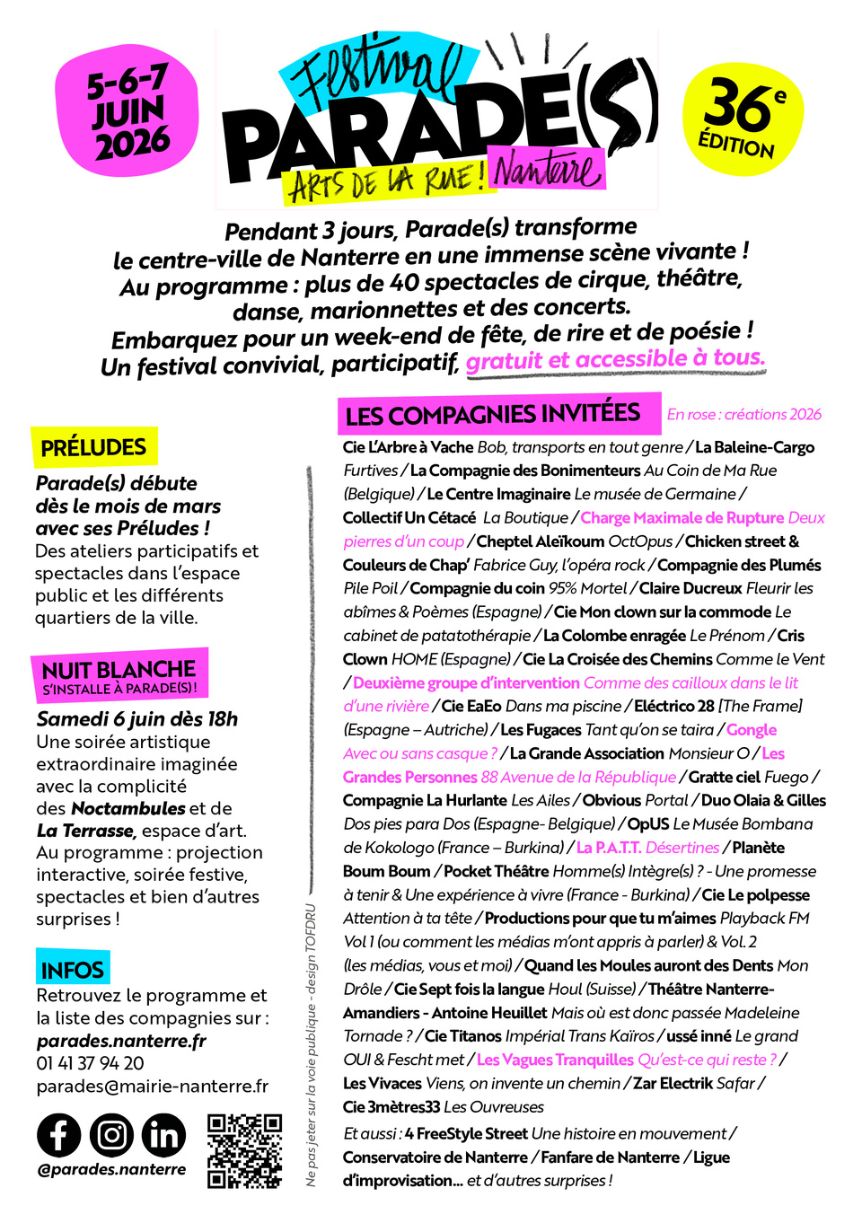 Parade(s) 2026, Festival des arts de la rue de la Ville de Nanterre les 5, 6 et 7 juin 2026