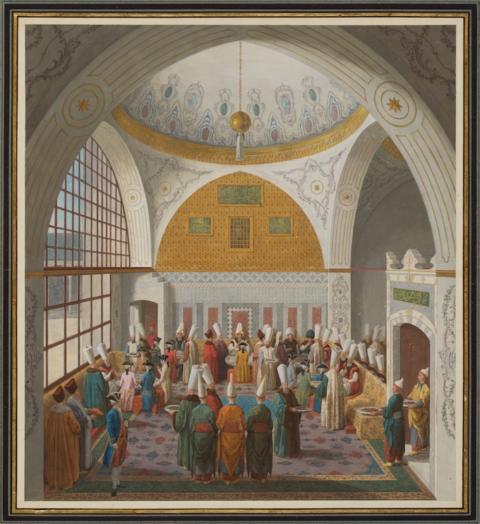 Louis Nicolas de Lespinasse (1734 - 1808), En europeisk ministers måltid hos Storvisiren i Divanen [Trad. Un ministre européen prenant un repas chez le grand vizir, au Divan]. Photo Nationalmuseum, Stockholm