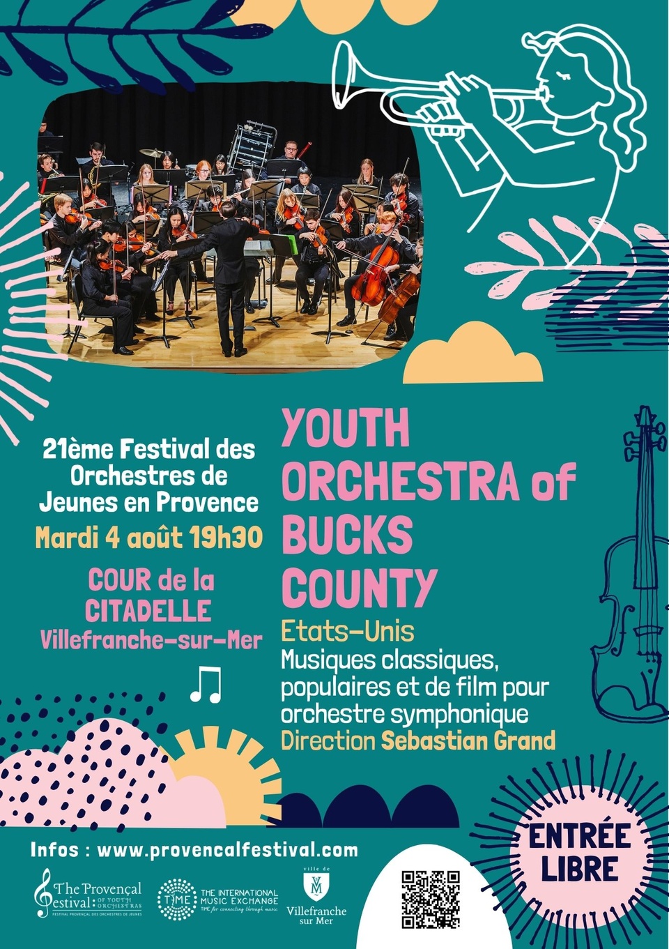 Villefranche-sur-mer, Cour de la Citadelle : concert du Youth Orchestra of Bucks County, Etats-Unis. Mardi 4 Août 2026, 19h30