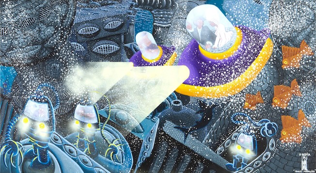 Hervé Di Rosa, Idoles immergées, 2025. Acrylique sur toile, 111 × 206 cm. Courtoisie de l’artiste et Templon, Paris - Bruxelles - New York. Photo © Artist’s studio.