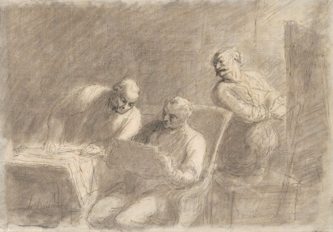 Honoré Daumier (1808-1879), Deux amateurs et un peintre dans un atelier.   Plume et encre brune, fusain, lavis gris, 31,2 x 45,6 cm.   Collection Frits Lugt, Fondation Custodia, Paris, inv. 2024-T.53