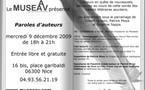 9 décembre, Soirée paroles d'auteurs au MUSEAAV, à Nice