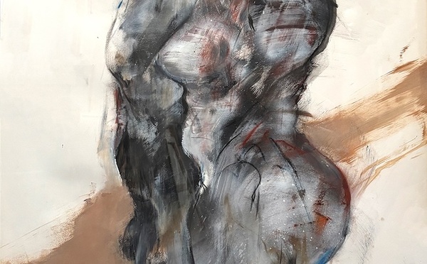 FRANTA, couple de profil, technique mixte sur papier marouflé sur toile. 110 x 75 cm