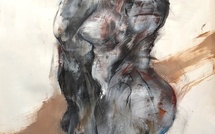 FRANTA, couple de profil, technique mixte sur papier marouflé sur toile. 110 x 75 cm